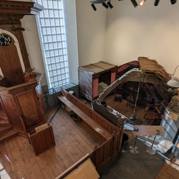 Strathnaver Museum interior showing a exhibit of the inside of a tent.
