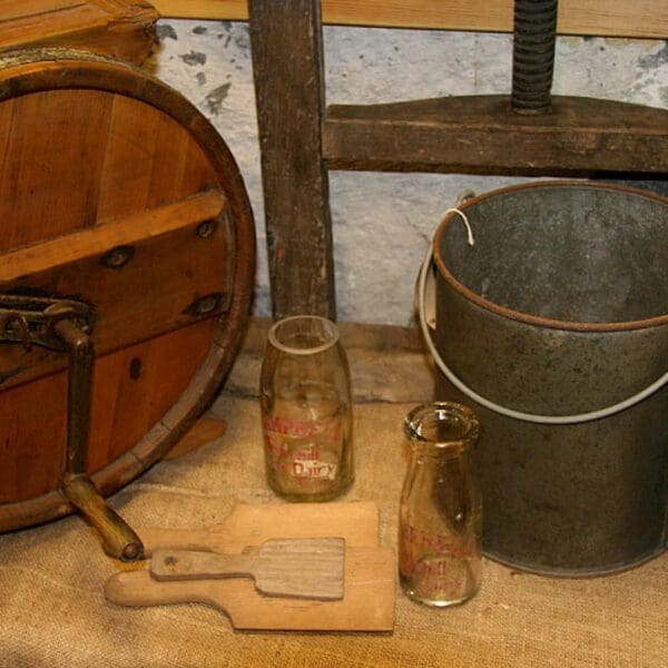 Exhibit shoing old tools used in diary production