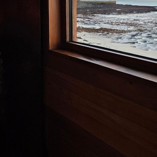 Clach Mara Sauna interior, view of Dunnet Head
