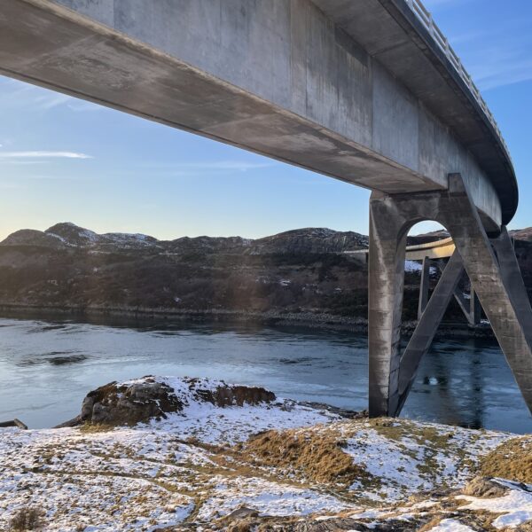 Kylesku bridge viewed from below, the bridge arcing over the viewers head