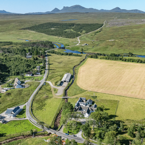 Aerial view of Altnaharra showing the North Road and the village