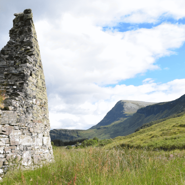 Dun Dornaigil Brcoh with a view of Ben Hope in the background, near the Strathmore River, in Sutherland