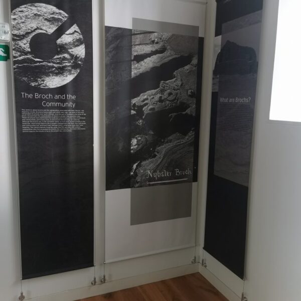 Interior of the Caithness Broch Centre show casing from exhibits