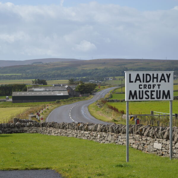The sign for the Laifhay Croft Museum, next to the A9 north of Dunbeath