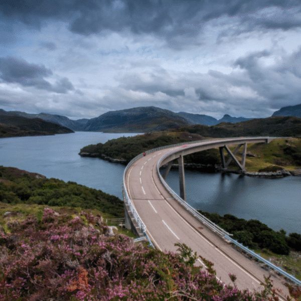 A top view of Kylesky Bridge showing the river below and the mountains in the distance