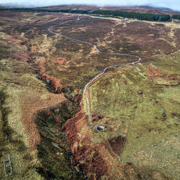 An aerial view that shows Ousdale Broch and the nearby Borg, an old clearance village